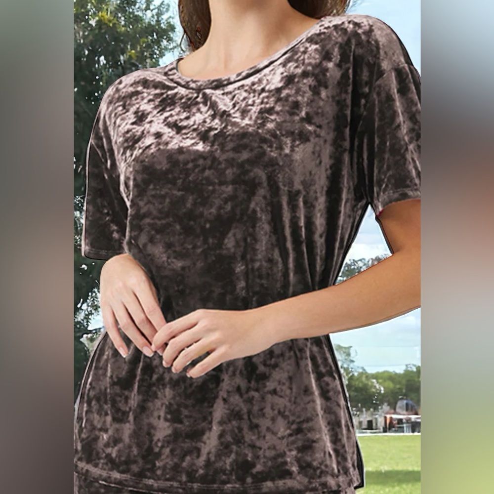 89 TH + MADISON NWT WOMENS SOFT VELVET SHORT SLEEVES BLOUSE TOP IRON COLOR SMALL